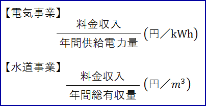 料金収入を年間供給電力量（電気事業）又は年間総有収水量（水道事業）で割った値