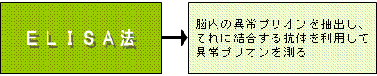 ELISA法：脳内の異常プリオンを抽出し、それに結合する抗体を利用して異常プリオンを測る