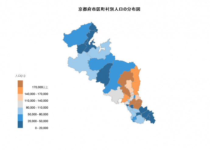 2024年10月時点の京都府市区町村別人口を人口数で色分けした地図グラフ
